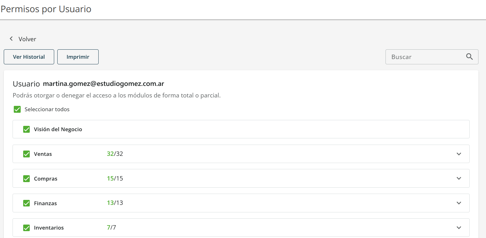 Pantalla de edición de permisos de un usuario, con checklist de módulos y submódulos como Ventas, Compras, Finanzas e Inventarios