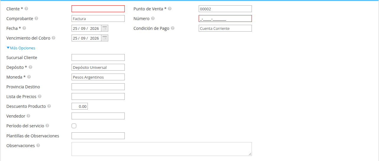 Encabezado de la factura de venta en Xubio, con los campos Cliente, Punto de Venta, Comprobante, Número, Fecha, Condición de Pago y las opciones adicionales de depósito, moneda, lista de precios y vendedor