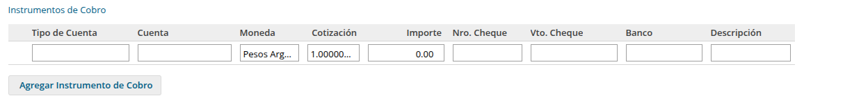 Sección de instrumentos de cobro de la factura en Xubio, con las columnas Tipo de Cuenta, Cuenta, Moneda, Cotización, Importe, Nro. Cheque, Vto. Cheque, Banco y Descripción