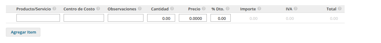 Grilla de items de la factura en Xubio, con las columnas Producto/Servicio, Centro de Costo, Observaciones, Cantidad, Precio, porcentaje de descuento, Importe, IVA y Total