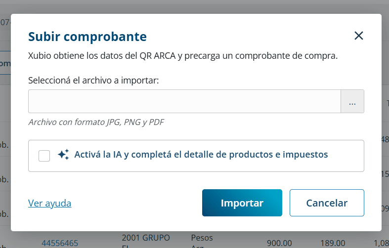 Elegir el archivo a importar en la carga de comprobantes con IA en Xubio