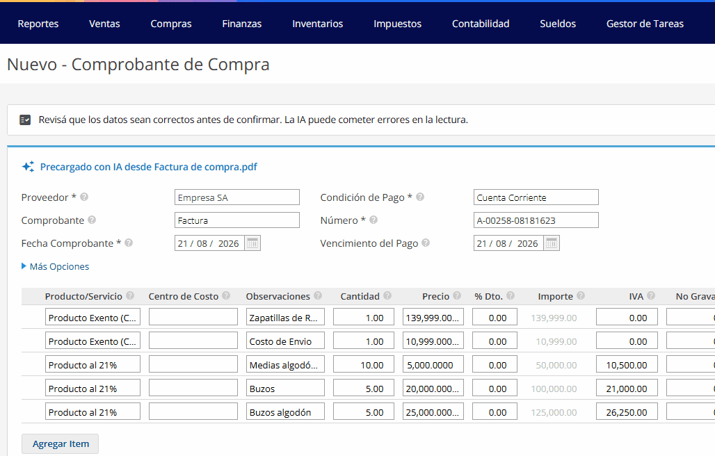Revisar la precarga con IA de un comprobante de compra en Xubio