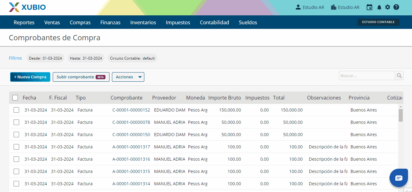 comprobantes de compra Xubio