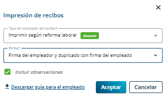 Ventana Impresión de recibos con el check Incluir observaciones tildado y el enlace Descargar guía para el empleado