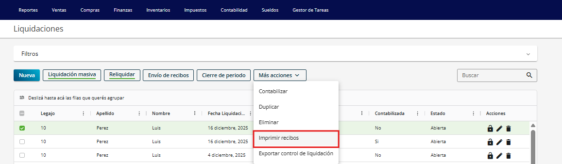 Grilla de Liquidaciones en Xubio con el menú Más acciones abierto y la opción Imprimir recibos señalada