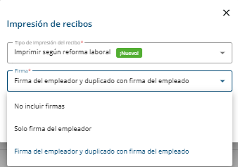 Ventana Impresión de recibos con el desplegable Firma mostrando sus tres opciones