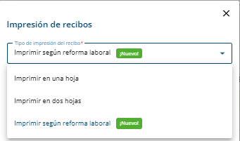 Ventana Impresión de recibos con el desplegable Tipo de impresión del recibo mostrando las tres opciones disponibles