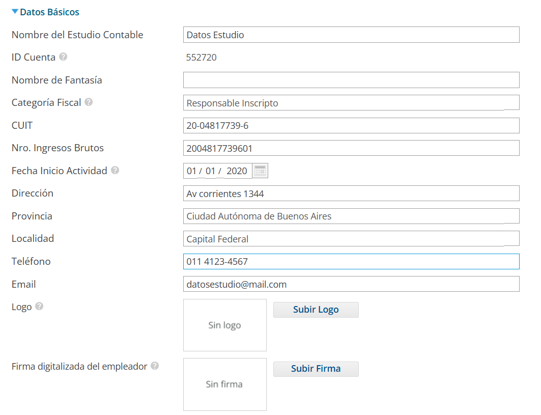 Bloque Datos Básicos de la pantalla Mi Estudio en Xubio, con los campos Nombre del Estudio Contable, ID Cuenta, Nombre de Fantasía, Categoría Fiscal, CUIT, Nro. Ingresos Brutos, Fecha Inicio Actividad, Dirección, Provincia, Localidad, Teléfono, Email, Logo y Firma digitalizada del empleador