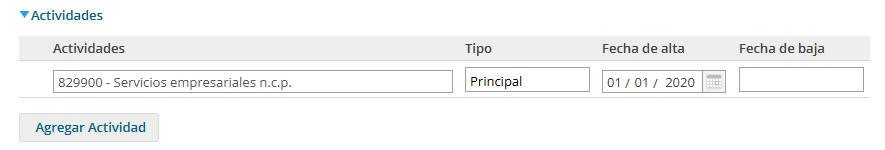 Bloque Actividades de la pantalla Mi Empresa en Xubio, con las columnas Actividades, Tipo, Fecha de alta y Fecha de baja, y el botón Agregar Actividad