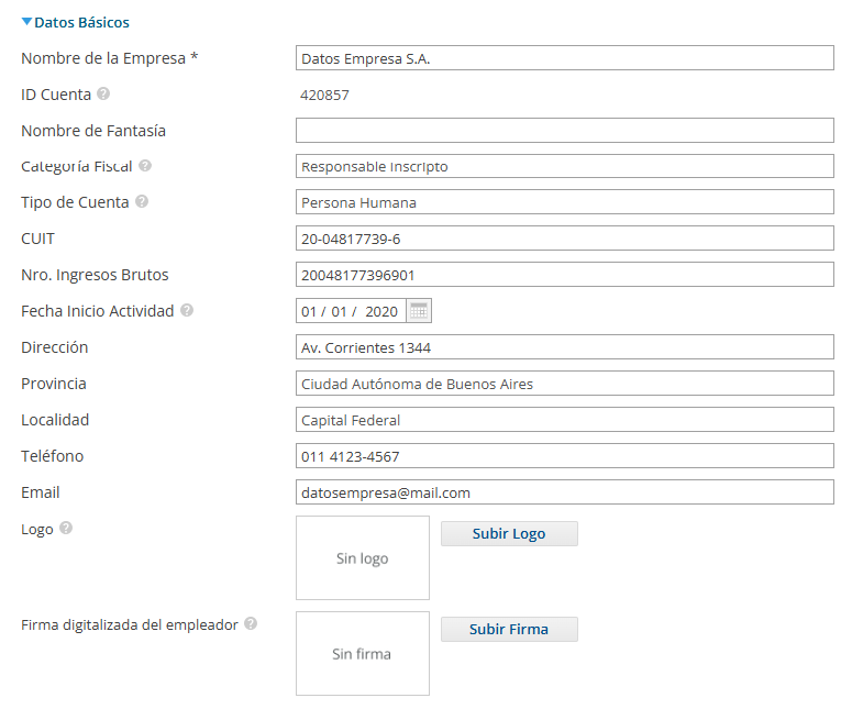 Bloque Datos Básicos de la pantalla Mi Empresa en Xubio, con los campos Nombre de la empresa, ID Cuenta, Nombre de fantasía, Categoría fiscal, Tipo de cuenta, CUIT, Nro. Ingresos Brutos, Fecha inicio actividad, Dirección, Provincia, Localidad, Teléfono, Email, Logo y Firma digitalizada del empleador