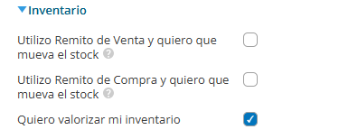 Bloque Inventario de la pantalla Mi Empresa en Xubio, con las opciones de remito de venta, remito de compra y valorizar el inventario