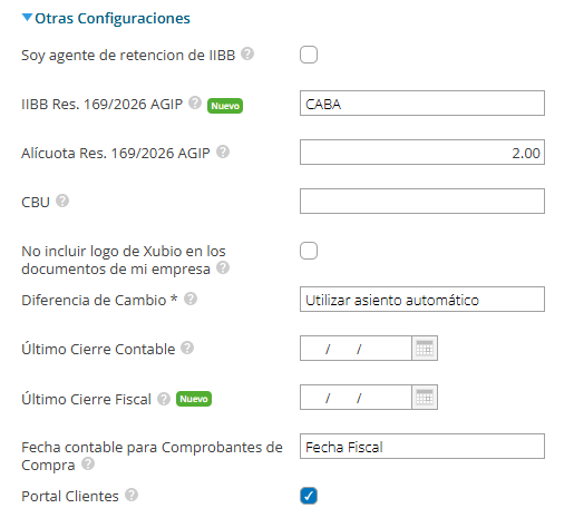 Bloque Otras Configuraciones de la pantalla Mi Empresa en Xubio, con los campos Soy agente de retención de IIBB, IIBB Res. 169/2026 AGIP, Alícuota Res. 169/2026 AGIP, CBU, No incluir logo de Xubio, Diferencia de cambio, Último cierre contable, Último cierre fiscal, Fecha contable para comprobantes de compra y Portal Clientes