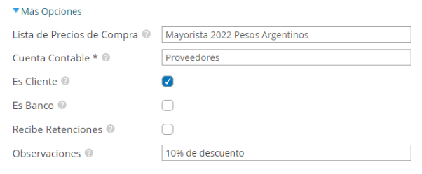 Opciones avanzadas al ingresar un nuevo proveedor: lista de precios, cuenta contable, es cliente, es banco y retenciones