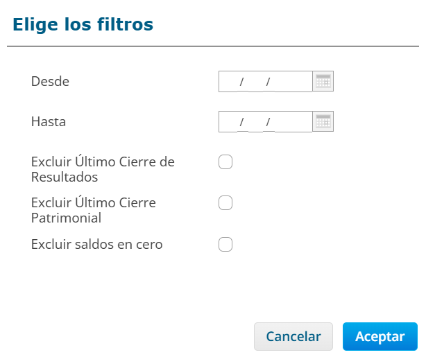 Modal Elige los filtros del balance de sumas y saldos, con las opciones Excluir Último Cierre de Resultados, Excluir Último Cierre Patrimonial y Excluir saldos en cero