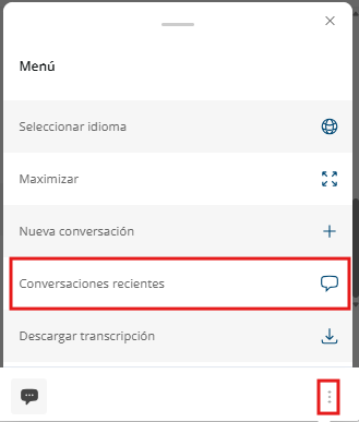 Menú de opciones del chat con Conversaciones recientes señalado