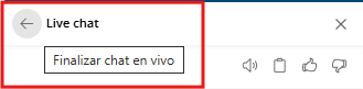 Encabezado del chat en vivo con el aviso Finalizar chat en vivo señalado