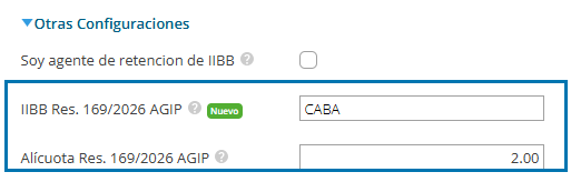 Sección Otras Configuraciones de Xubio con los campos nuevos IIBB Res. 169/2026 AGIP, marcado con la etiqueta Nuevo y el valor CABA, y Alícuota Res. 169/2026 AGIP con el valor 2.00