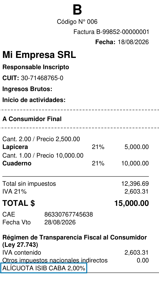 Ticket de una factura B a consumidor final emitida desde Xubio, con la leyenda ALÍCUOTA ISIB CABA 2,00% al pie