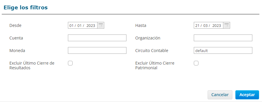 Modal Elige los filtros del Libro Mayor, con los campos Desde, Hasta, Cuenta, Organización, Moneda y Circuito Contable, y las opciones Excluir Último Cierre de Resultados y Excluir Último Cierre Patrimonial
