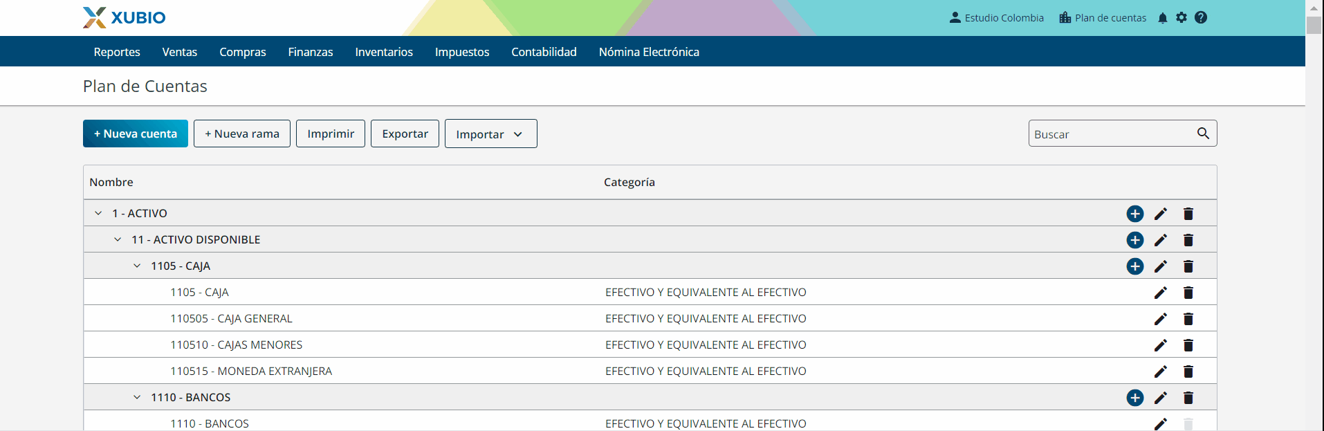 cómo modificar el plan de cuentas de Xubio Colombia
