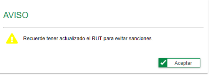 Aviso de la DIAN que recuerda tener el RUT actualizado, con el botón Aceptar