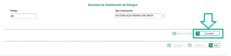 Solicitud de habilitación de rangos con prefijo, tipo de facturación y el botón Consultar