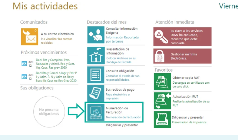 Tablero Mis actividades de la DIAN con el ícono Numeración de facturación en la columna Destacados del mes