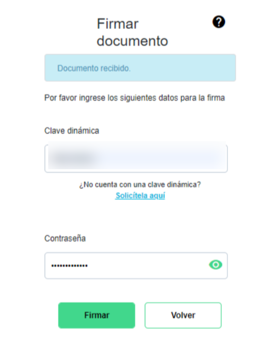 Ventana Firmar documento de la DIAN con los campos Clave dinámica y Contraseña