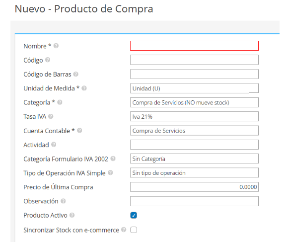 Producto de compra ingresar productos de compra en Xubio